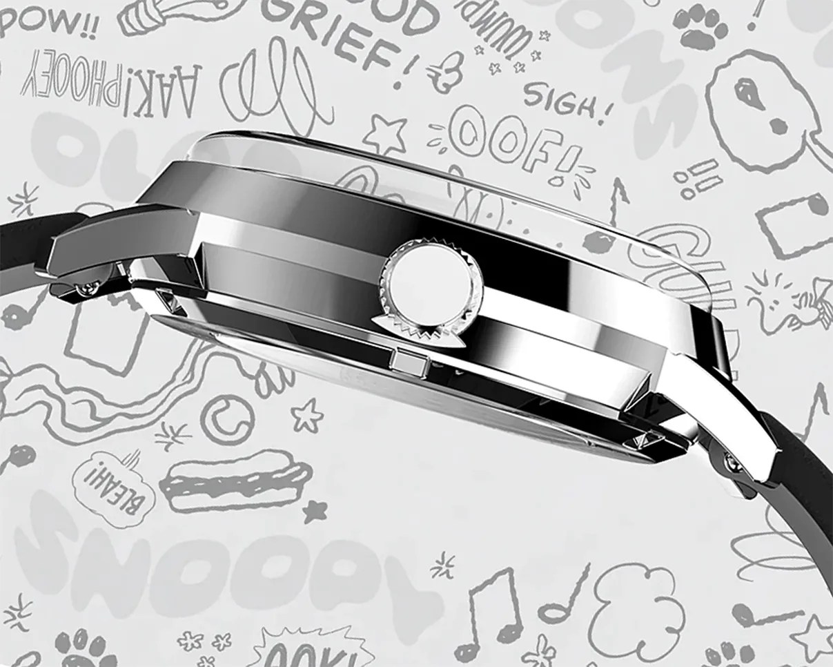 Side view of a polished silver watch case with a ridged crown and black strap against a white background with cartoon doodles.