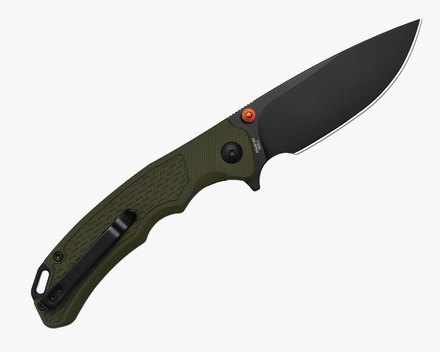 Folding knife with black blade, olive green textured handle, and black pocket clip.