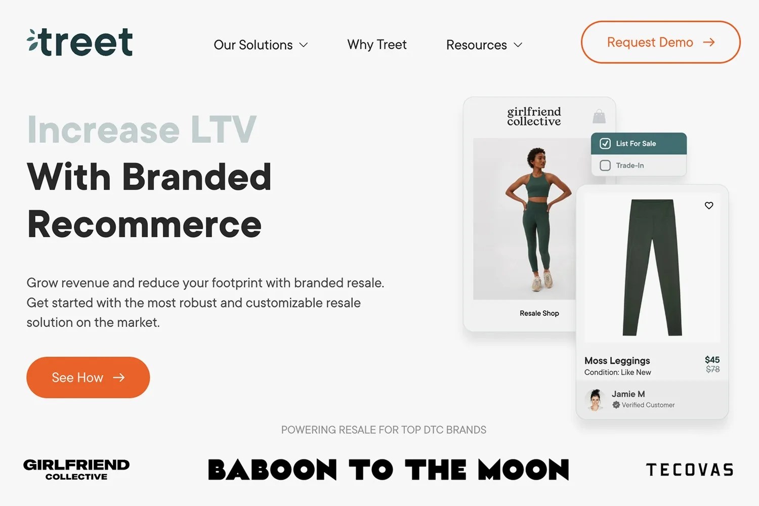 Website homepage showing branded resale solution for increasing LTV with logos of Girlfriend Collective, Baboon to the Moon, and Tecovas.