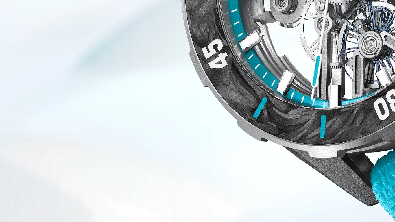 Close-up of a watch face with a black and gray marbled bezel, turquoise accents, and visible mechanical gears.