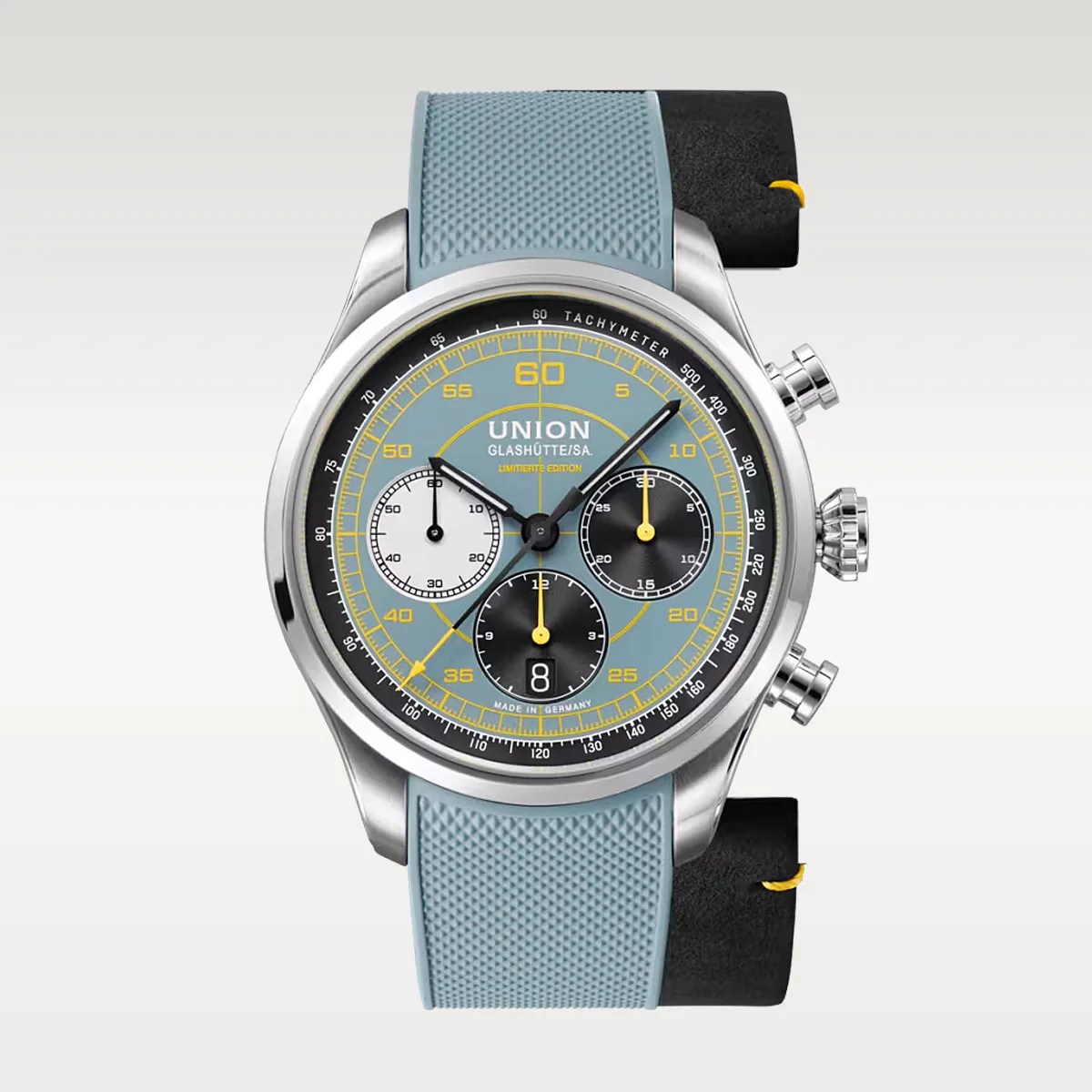 Union Glashütte chronograph watch with blue dial, yellow accents, stainless steel case, and blue textured rubber strap.