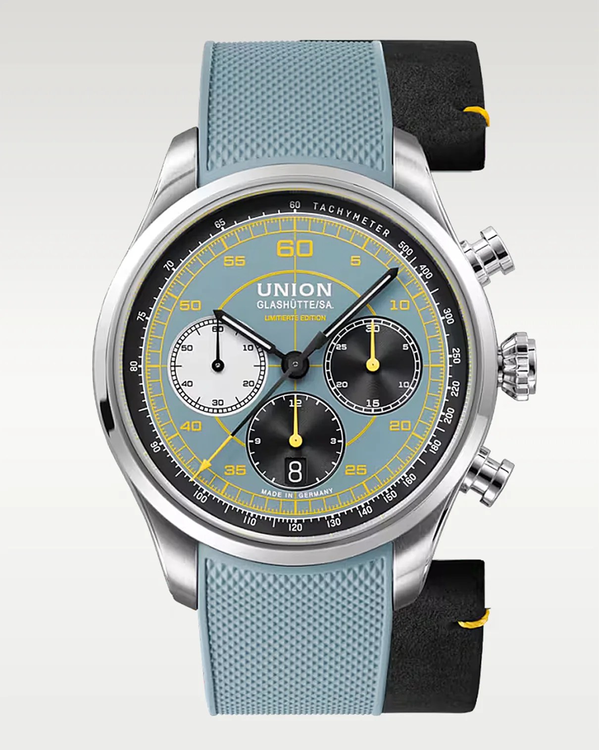 Union Glashütte chronograph watch with blue dial, yellow accents, stainless steel case, and blue textured strap.