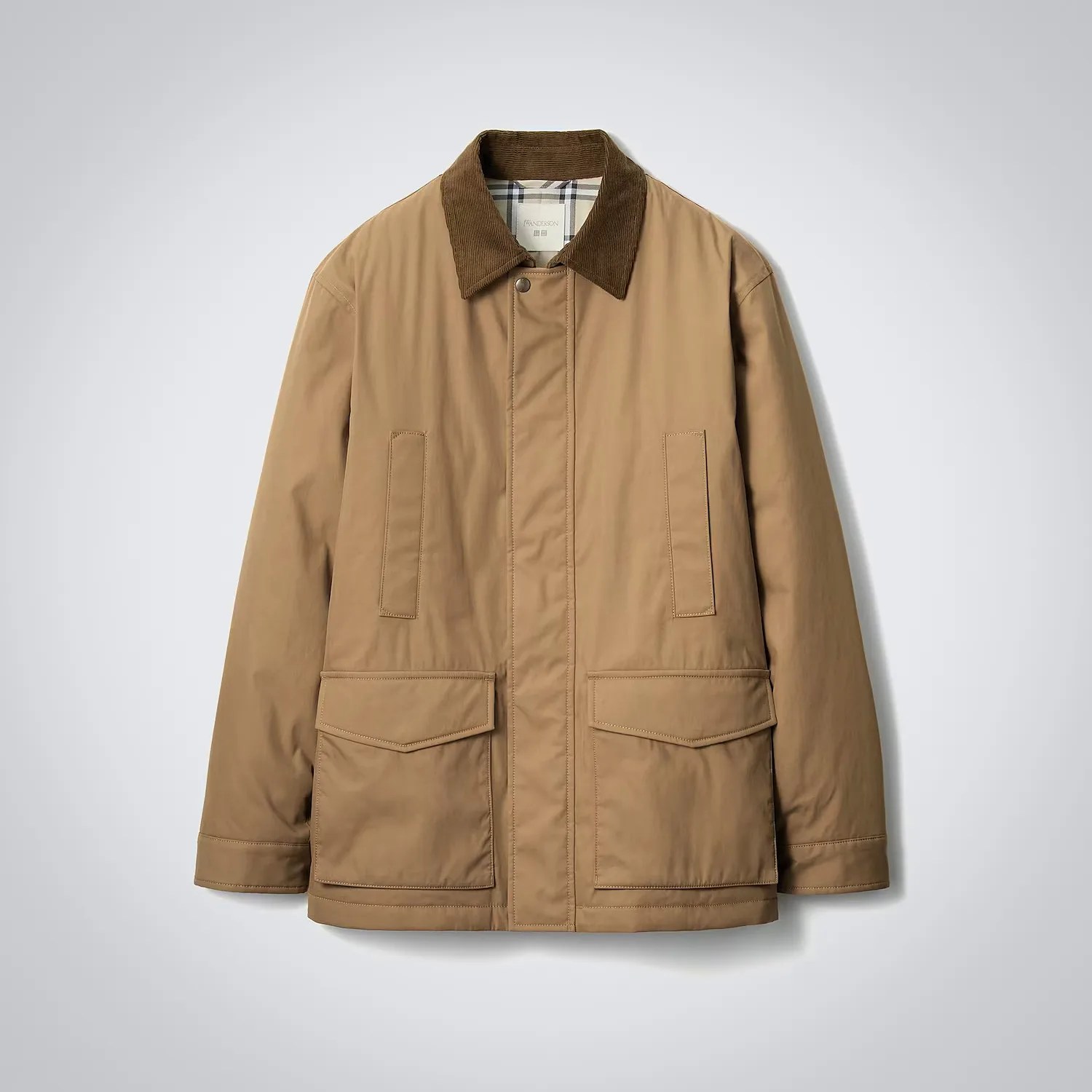 Light brown jacket with dark brown corduroy collar and four front pockets on a gray background.