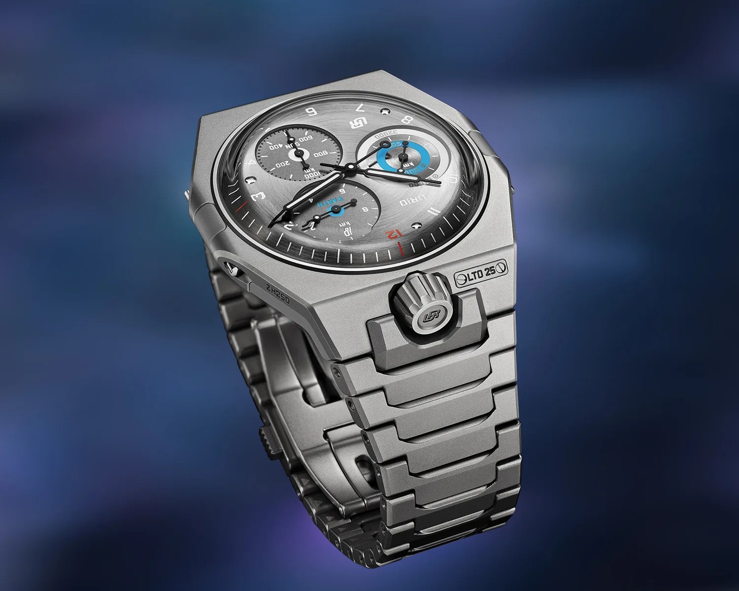 Matte silver metal wristwatch with an octagonal case, three subdials, and a linked bracelet