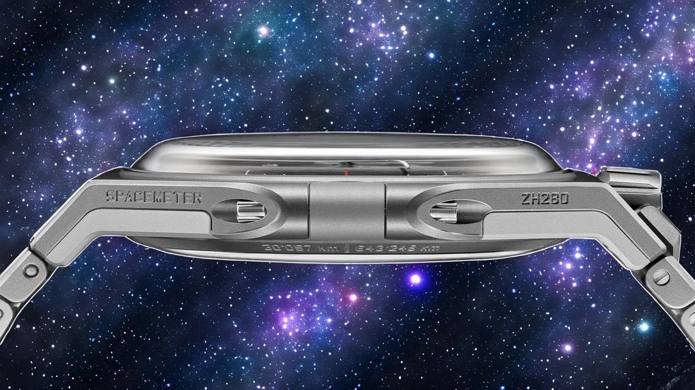 Side view of a silver Urwerk Spacemeter watch with a metal band against a starry space background.