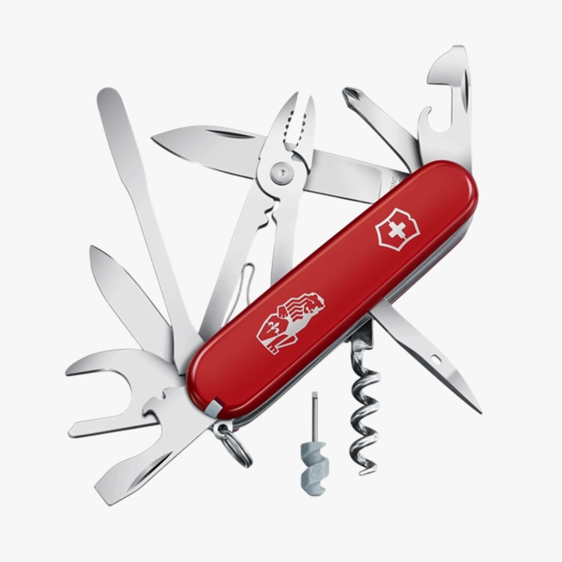 Red Swiss Army knife with multiple stainless steel tools extended, including pliers, knife blades, corkscrew, and screwdriver.