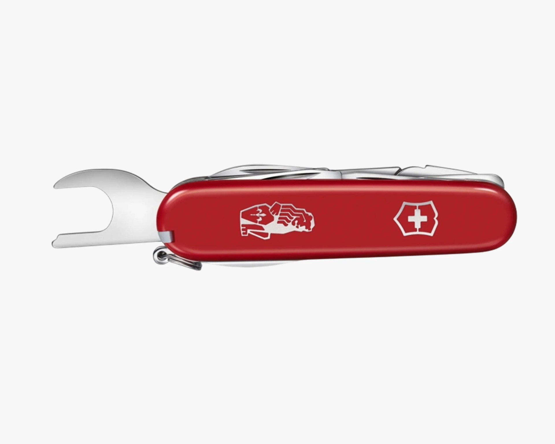 Red Swiss Army knife with a bottle opener tool extended and white logos on the handle.