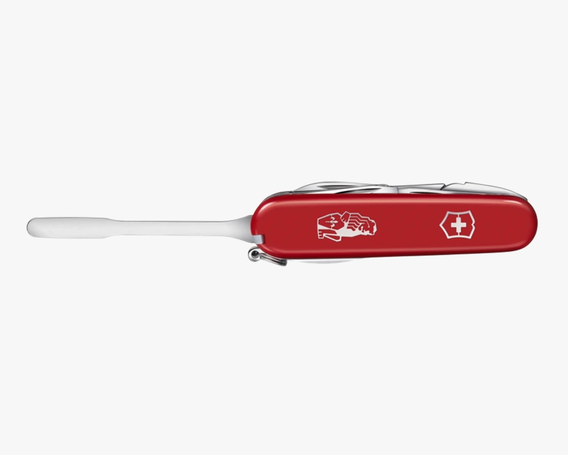 Red Swiss Army knife with a metal spatula tool extended and white logos on the handle.