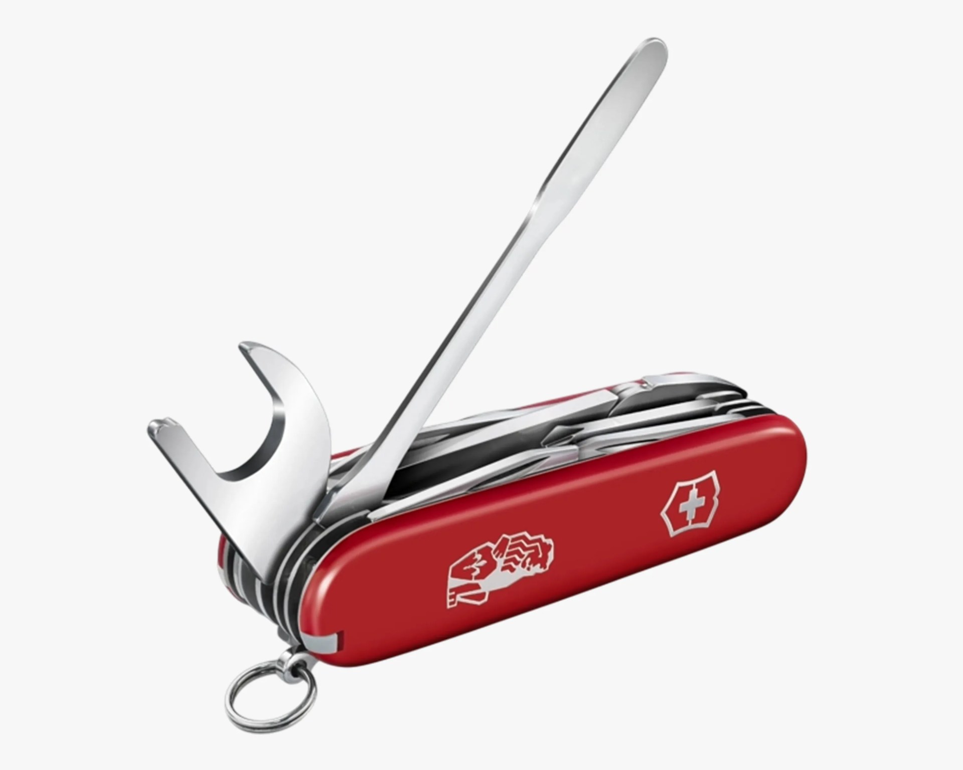 Red Swiss Army knife with multiple stainless steel tools extended, including a bottle opener and nail file.