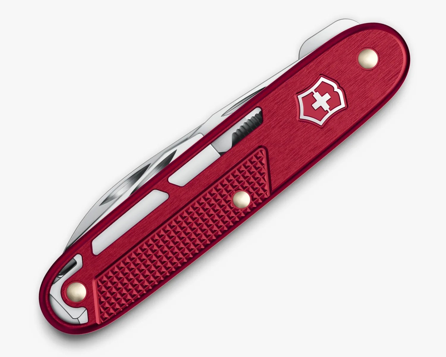 Red Swiss Army knife with textured grip and visible metal tools partially extended.