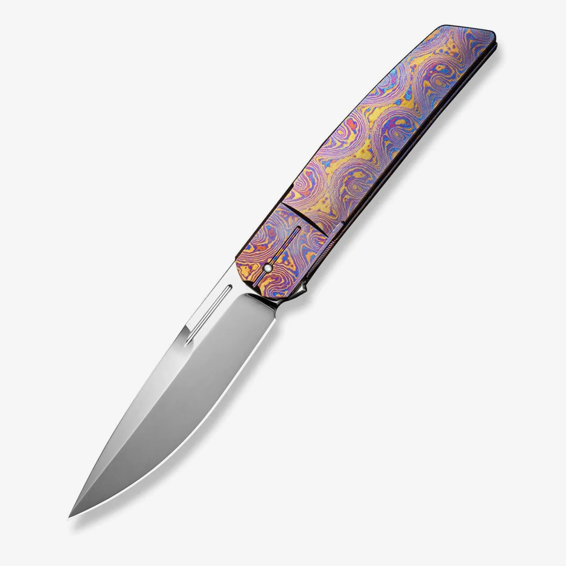 Folding knife with a polished silver blade and a handle featuring a colorful, swirling pattern in purple, gold, and blue.