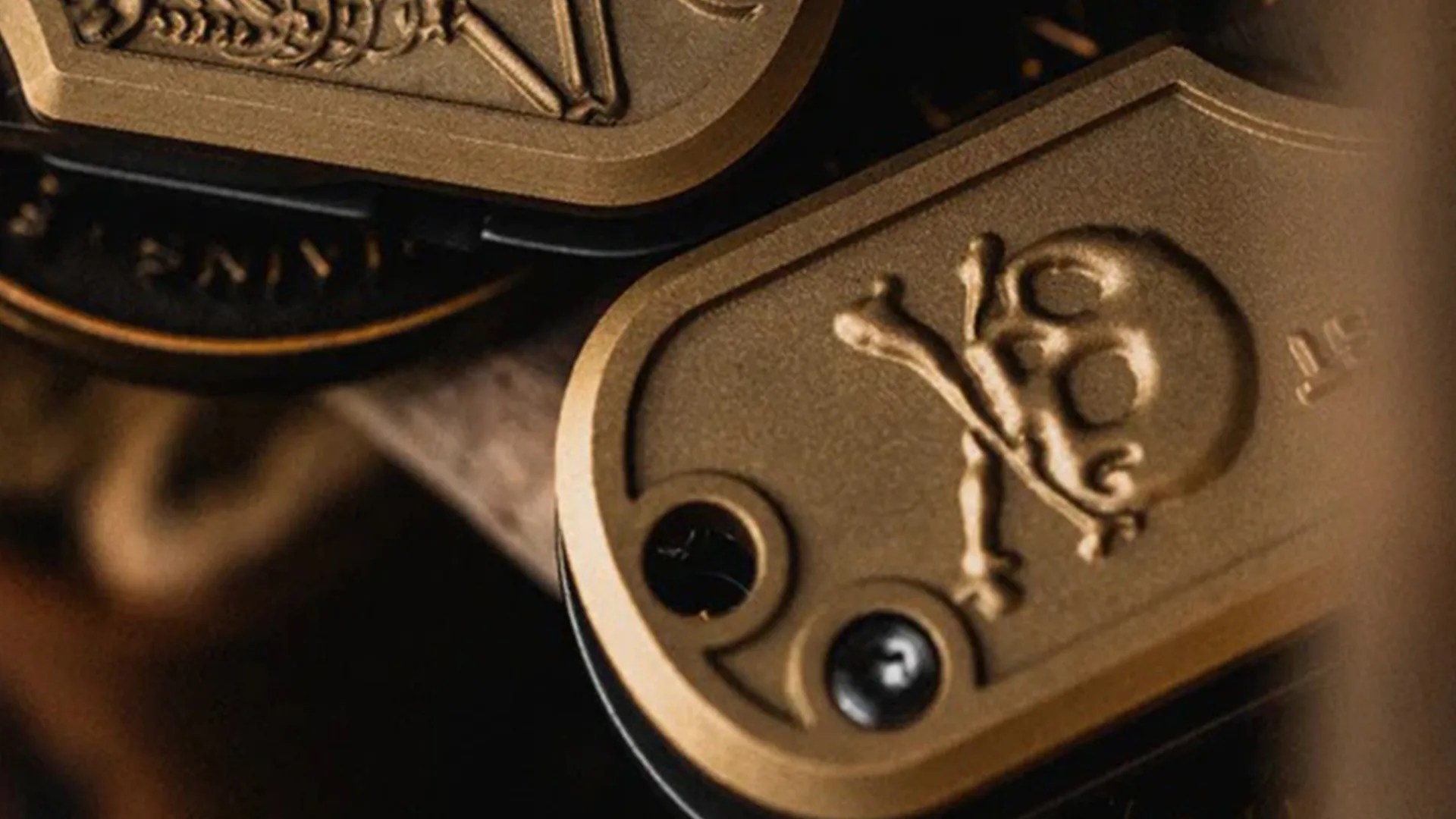 Close-up of a bronze-colored metal object with a raised skull and crossbones design and two screws.