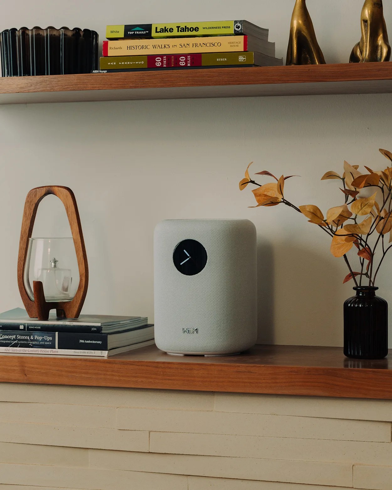 Light gray cylindrical smart speaker with a black circular clock display on a wooden shelf next to a black vase with dried leaves.