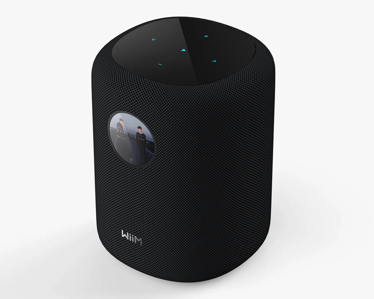 Black cylindrical smart speaker with mesh exterior, touch controls on top, and small circular display on the side.