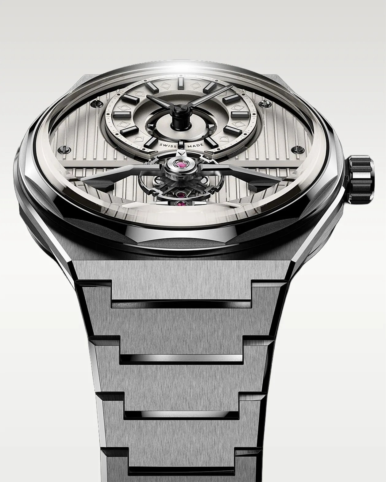 Silver stainless steel wristwatch with a detailed mechanical dial and a linked metal bracelet.