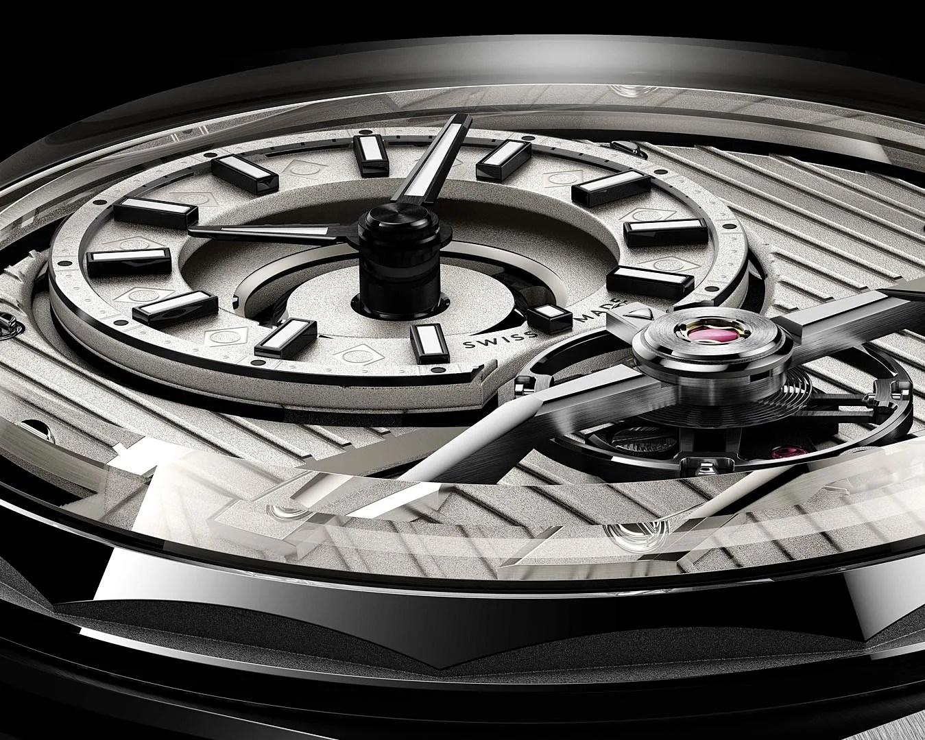 Close-up of a silver mechanical watch dial with black rectangular hour markers and visible intricate gears under a curved glass cover.