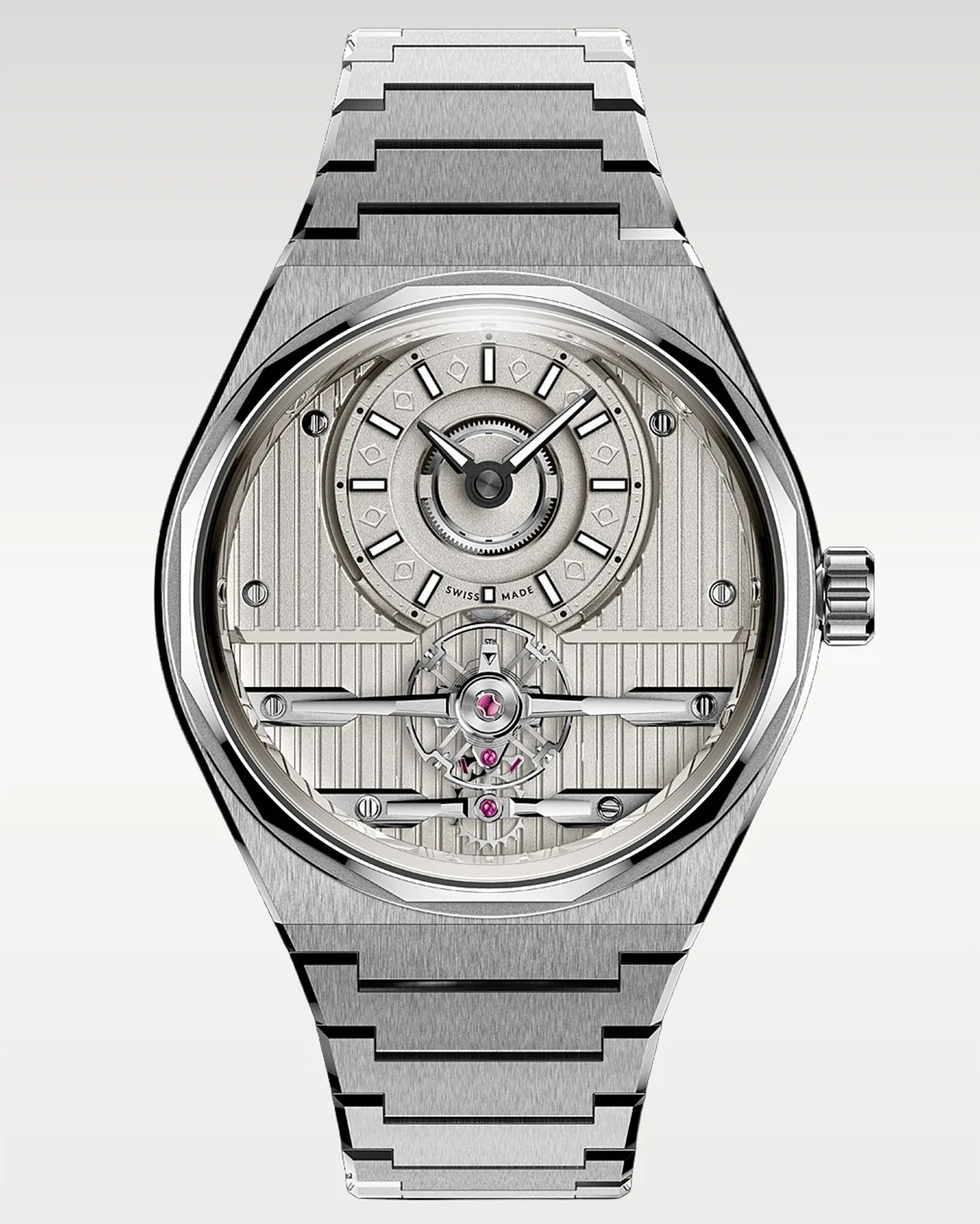 Silver stainless steel wristwatch with a detailed mechanical dial and integrated bracelet.