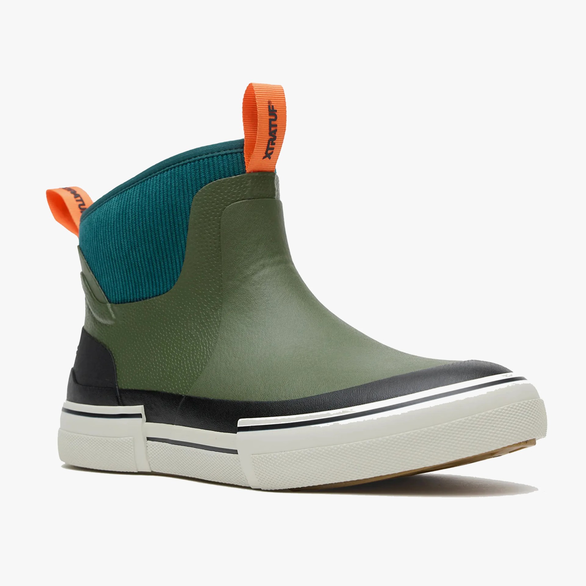 Green and black waterproof ankle boot with teal fabric collar and orange pull tabs.
