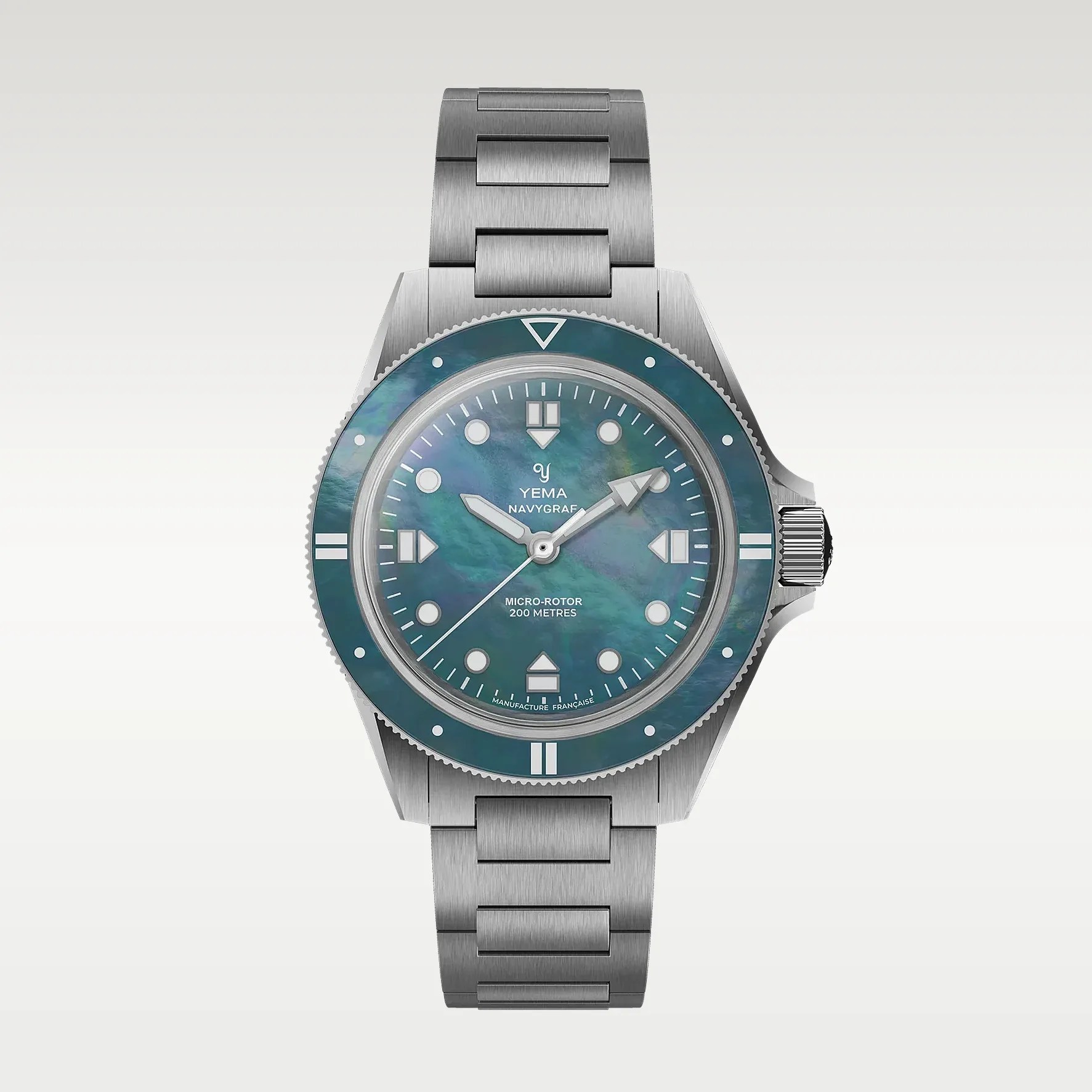 Stainless steel Yema Navygraf watch with blue-green mother-of-pearl dial and matching bezel on a metal bracelet.