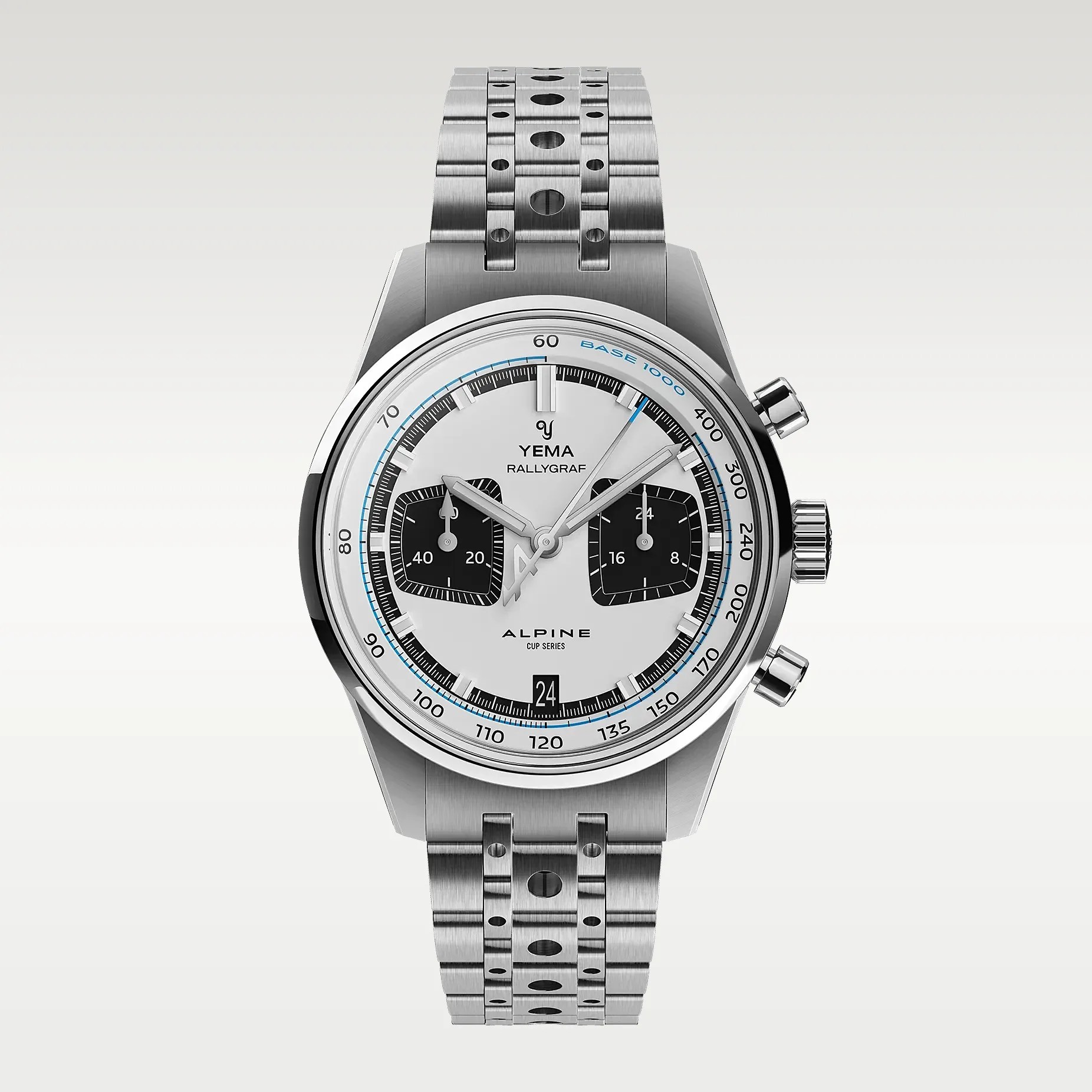 Silver Yema Rallygraf Alpine Cup Series chronograph watch with white dial, black subdials, and perforated metal bracelet.