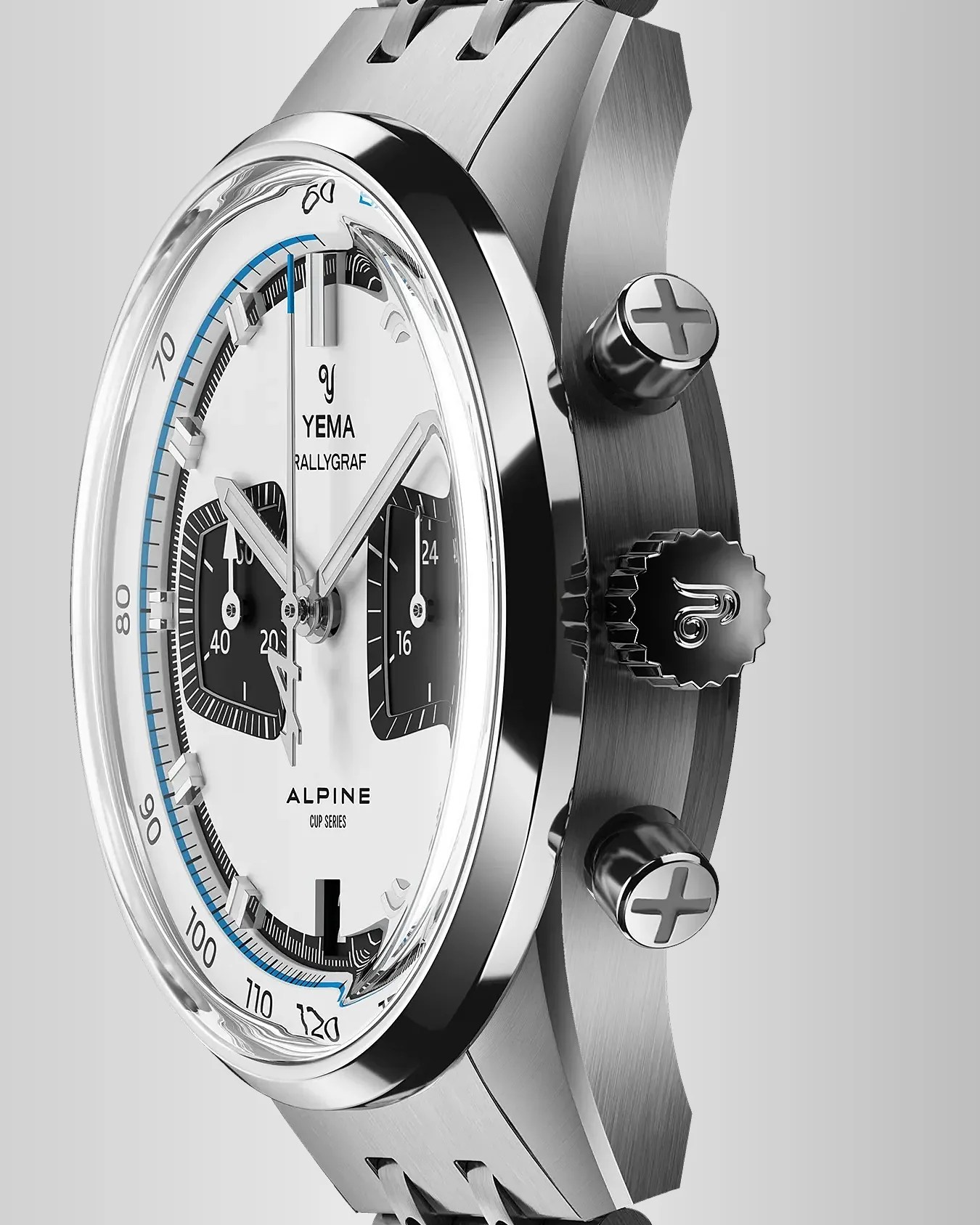 Close-up of a Yema Rallygraf Alpine Cup Series stainless steel chronograph watch with white dial and black subdials.