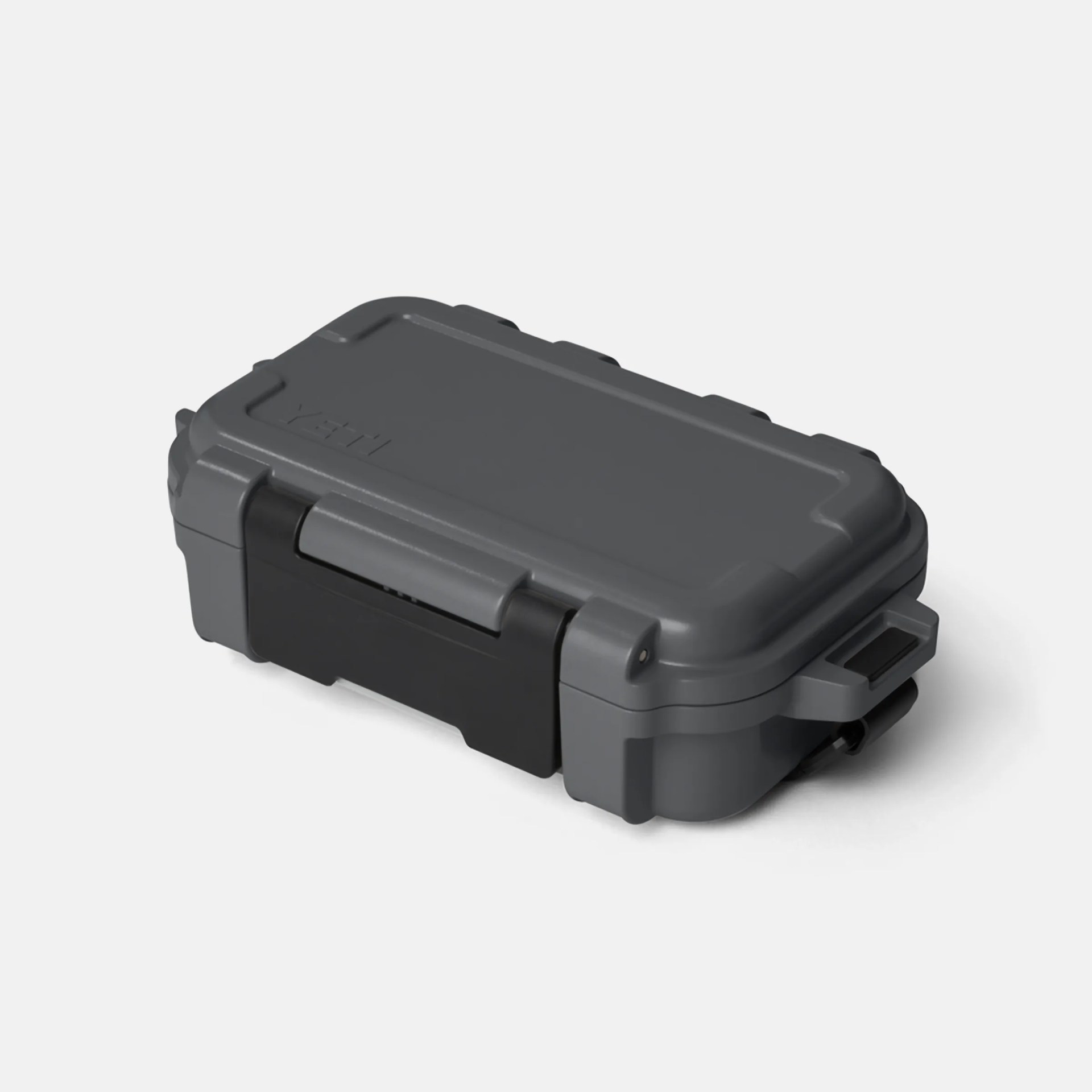 Dark gray rectangular hard plastic protective case with black latch and handle on a white background.