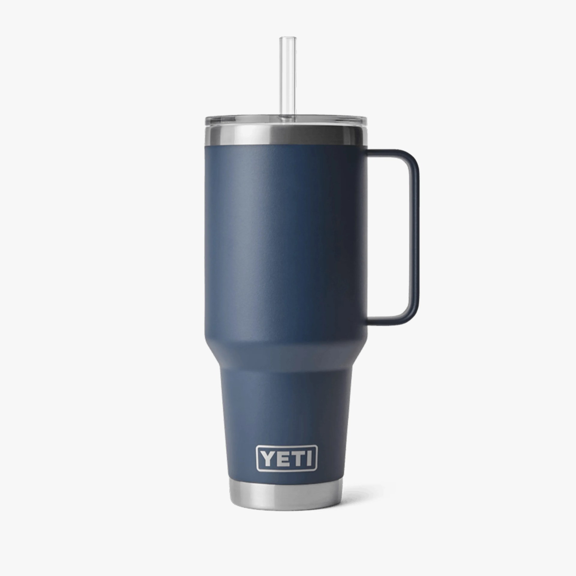 Navy blue YETI insulated tumbler with handle, clear lid, and straw on white background.