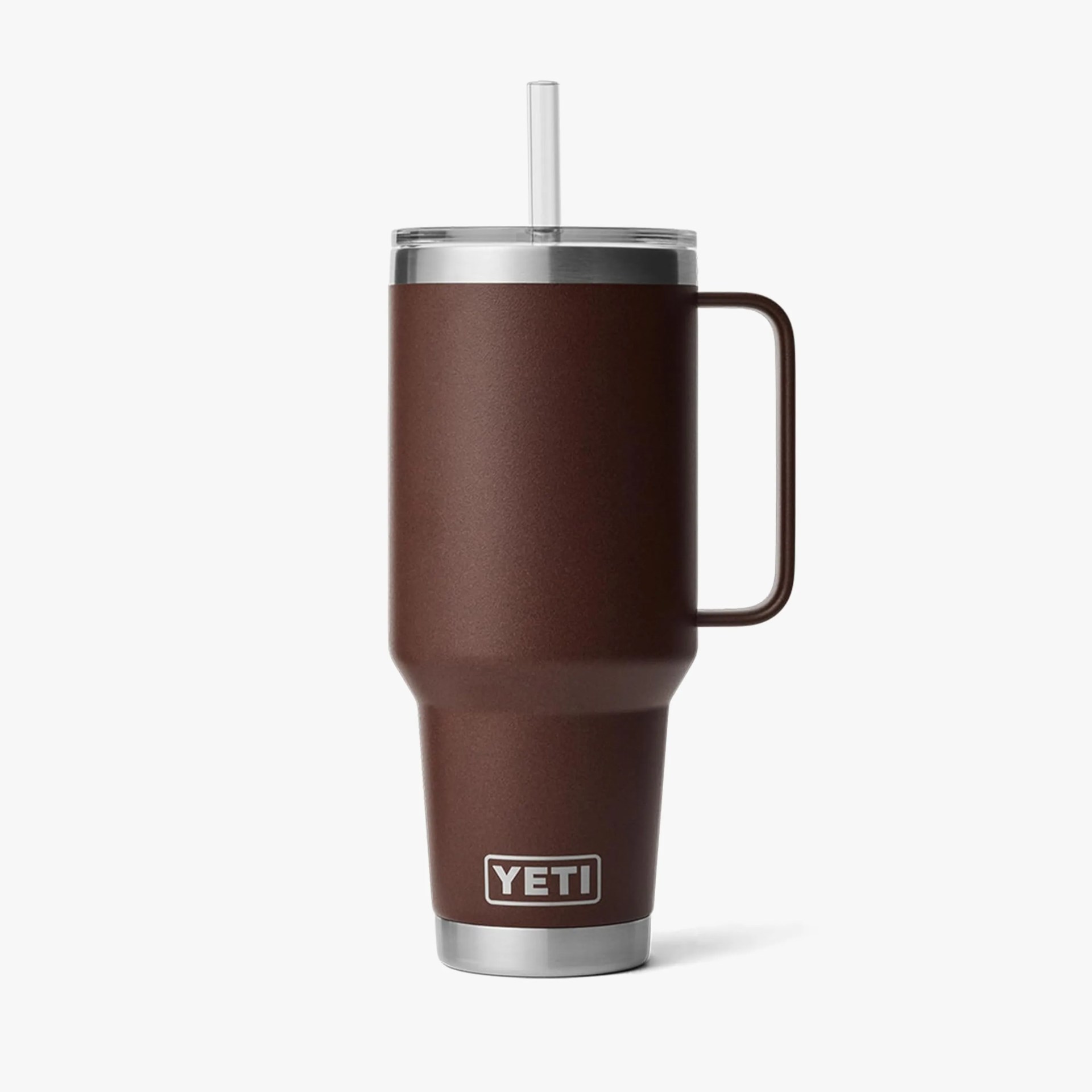 Tall brown YETI insulated tumbler with handle, clear lid, and straw on a white background.