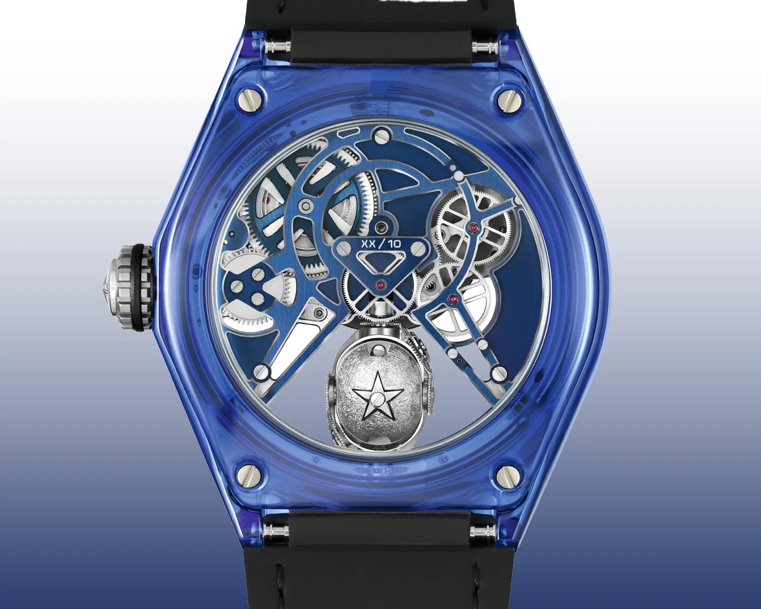 Transparent blue watch case showing intricate silver and blue mechanical gears with a star-engraved component, attached to a black strap.