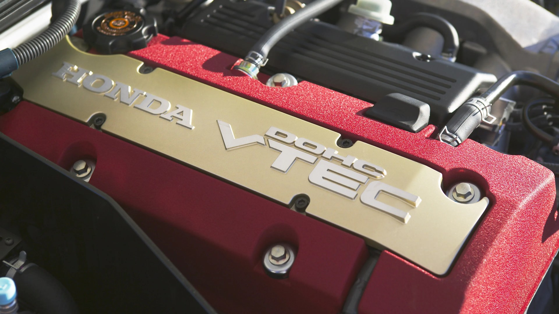 Close-up of a red and gold Honda DOHC VTEC engine cover with visible bolts and hoses.