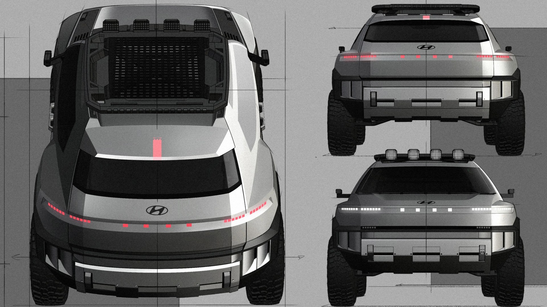 Top and front views of a silver Hyundai SUV concept with off-road tires, roof lights, and a rear cargo rack.