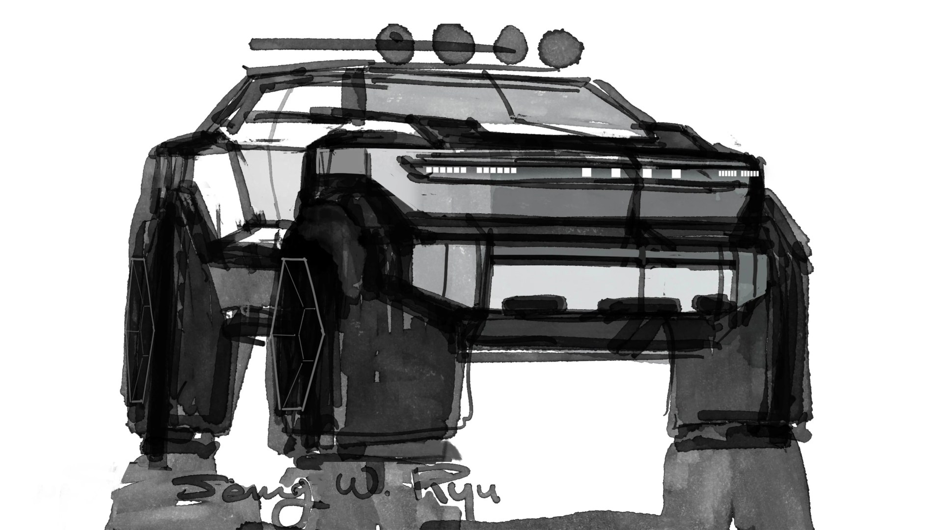 Black and gray ink sketch of a futuristic off-road vehicle with large tires and roof-mounted lights.