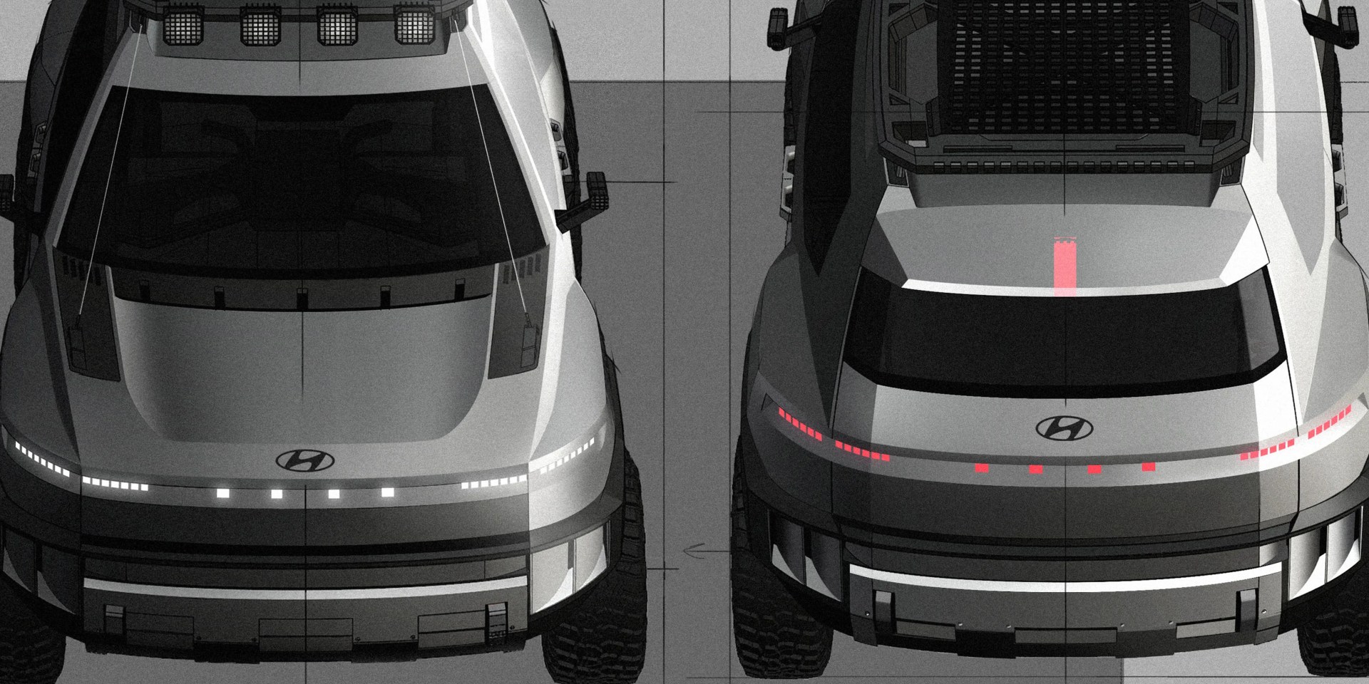 Top-down view of two silver Hyundai electric SUVs with LED light bars, parked side by side on a tiled surface.