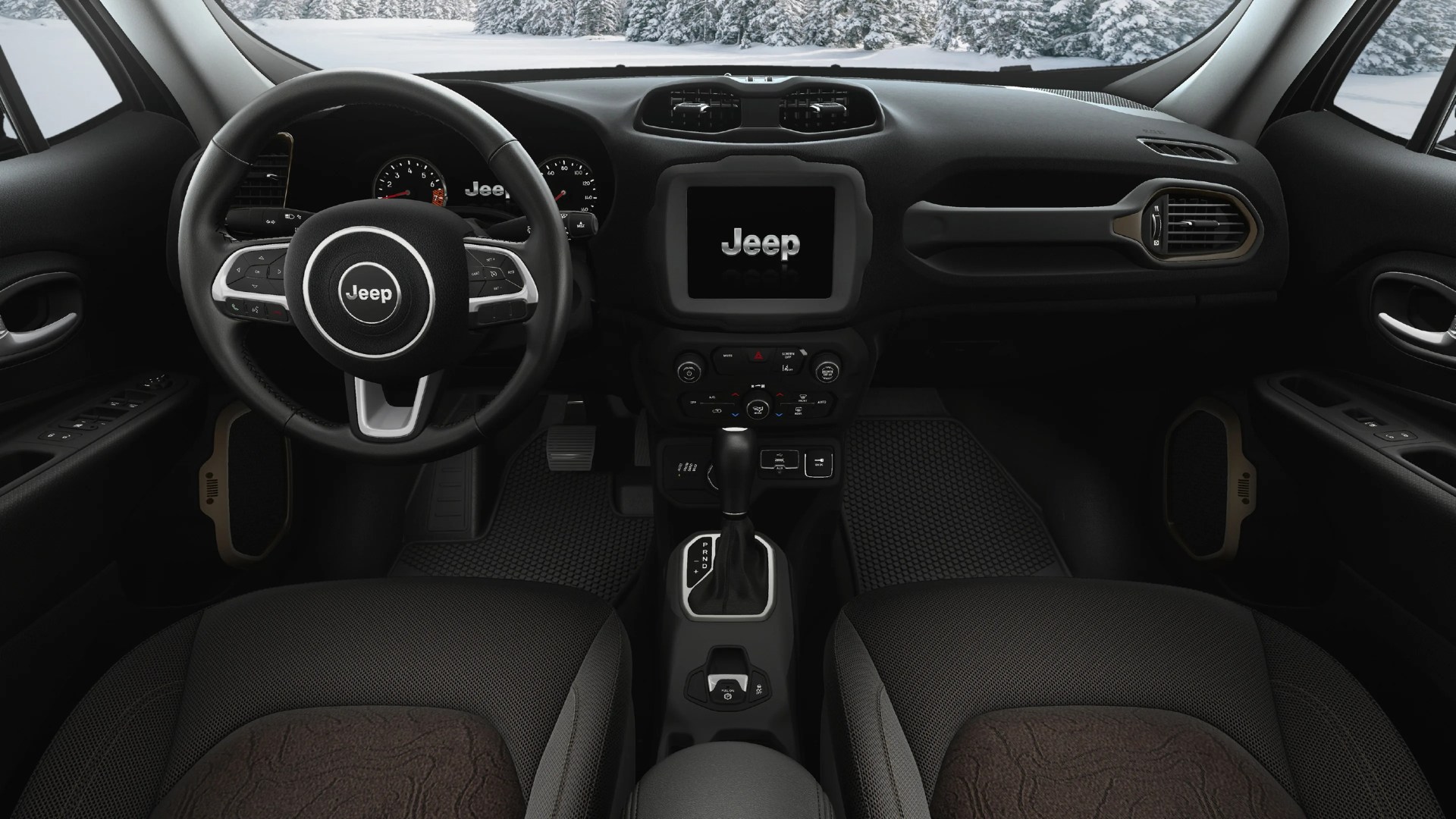 Interior of a black Jeep vehicle showing steering wheel, digital dashboard, center console with gear shift, and fabric seats.