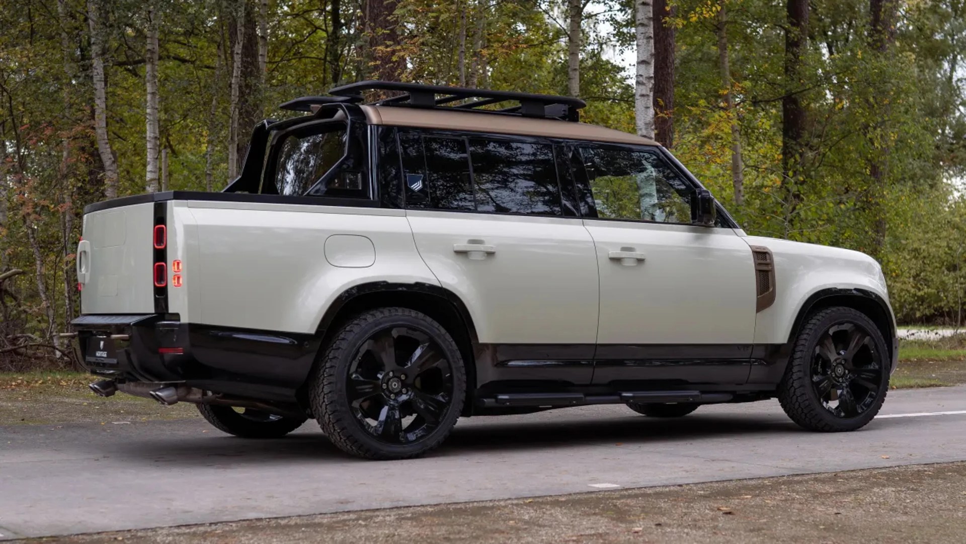 White and black electric pickup truck with roof rack and black wheels parked on a forest road.