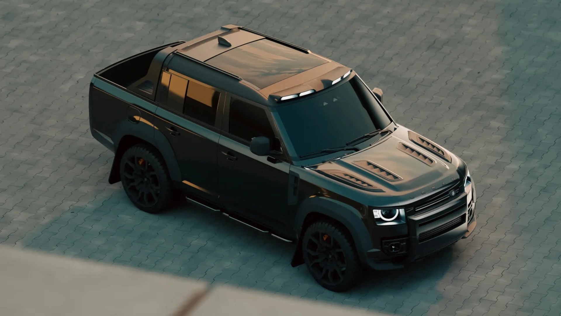 Black modern pickup truck with aggressive hood vents and LED headlights parked on a paved surface.