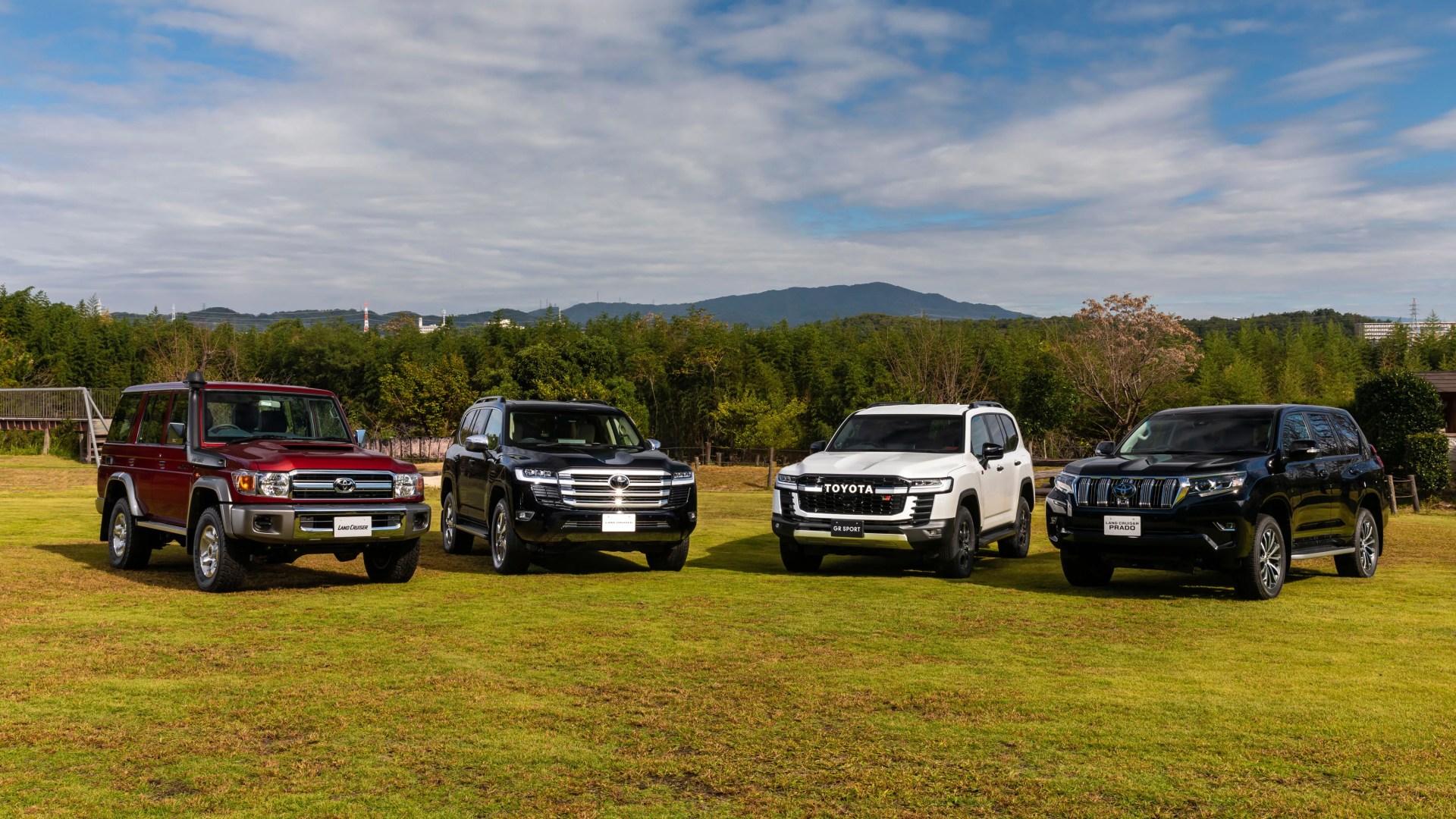 Four Toyota SUVs in red, black, white, and black parked on grass with trees and mountains in the background.