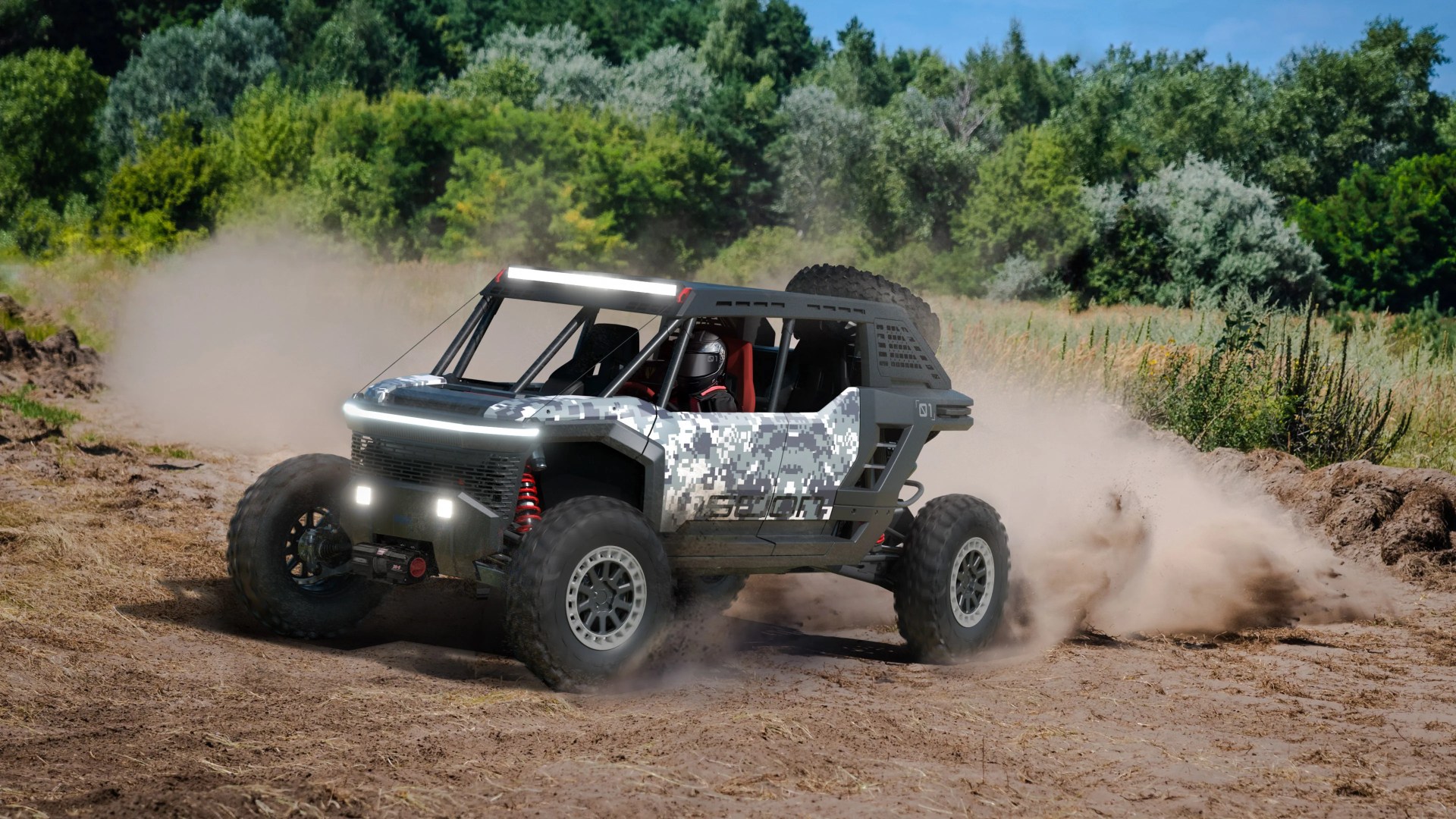 Off-road buggy with digital camouflage paint kicking up dust on a dirt trail surrounded by greenery.