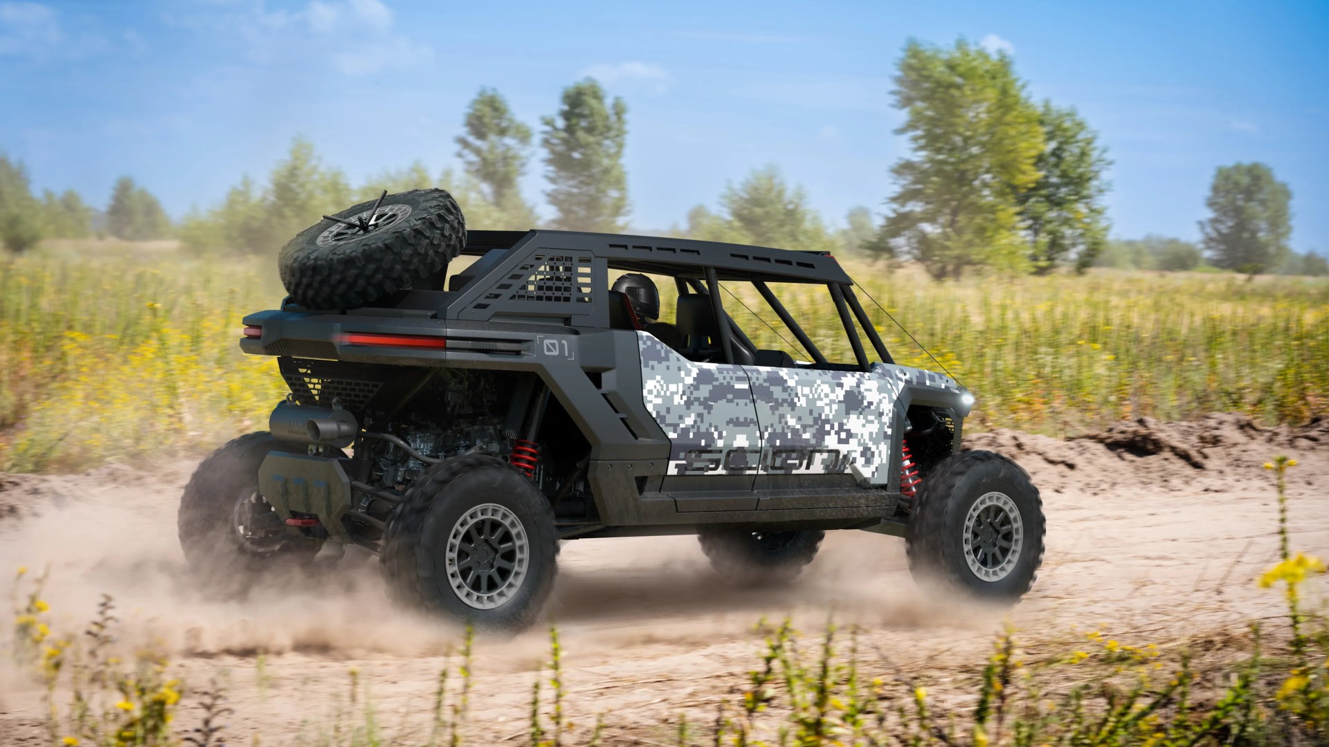 Off-road vehicle with digital camouflage pattern and spare tire on back driving on a dirt path.