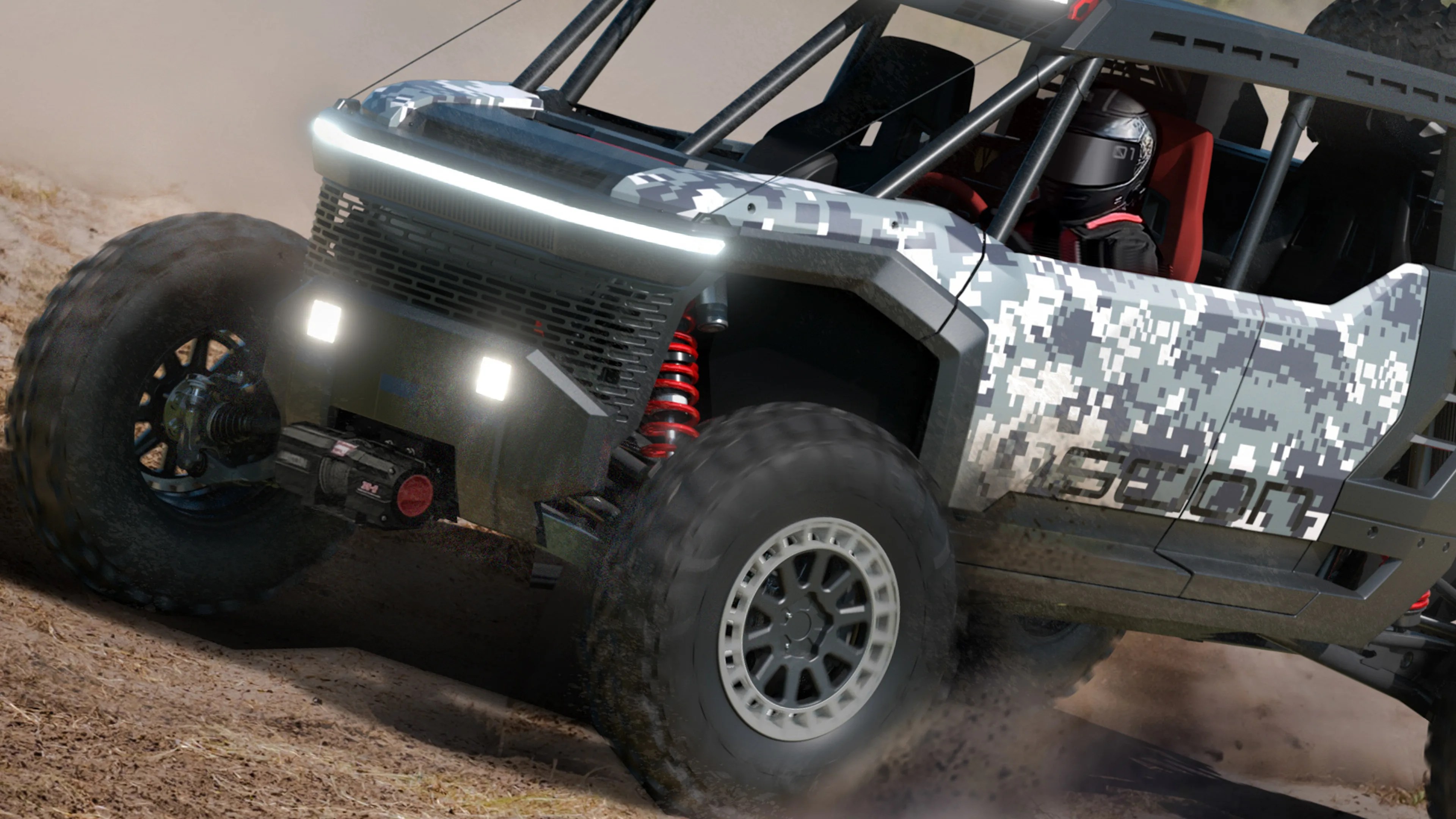 Off-road vehicle with digital camouflage paint, bright LED lights, and large rugged tires kicking up dirt.