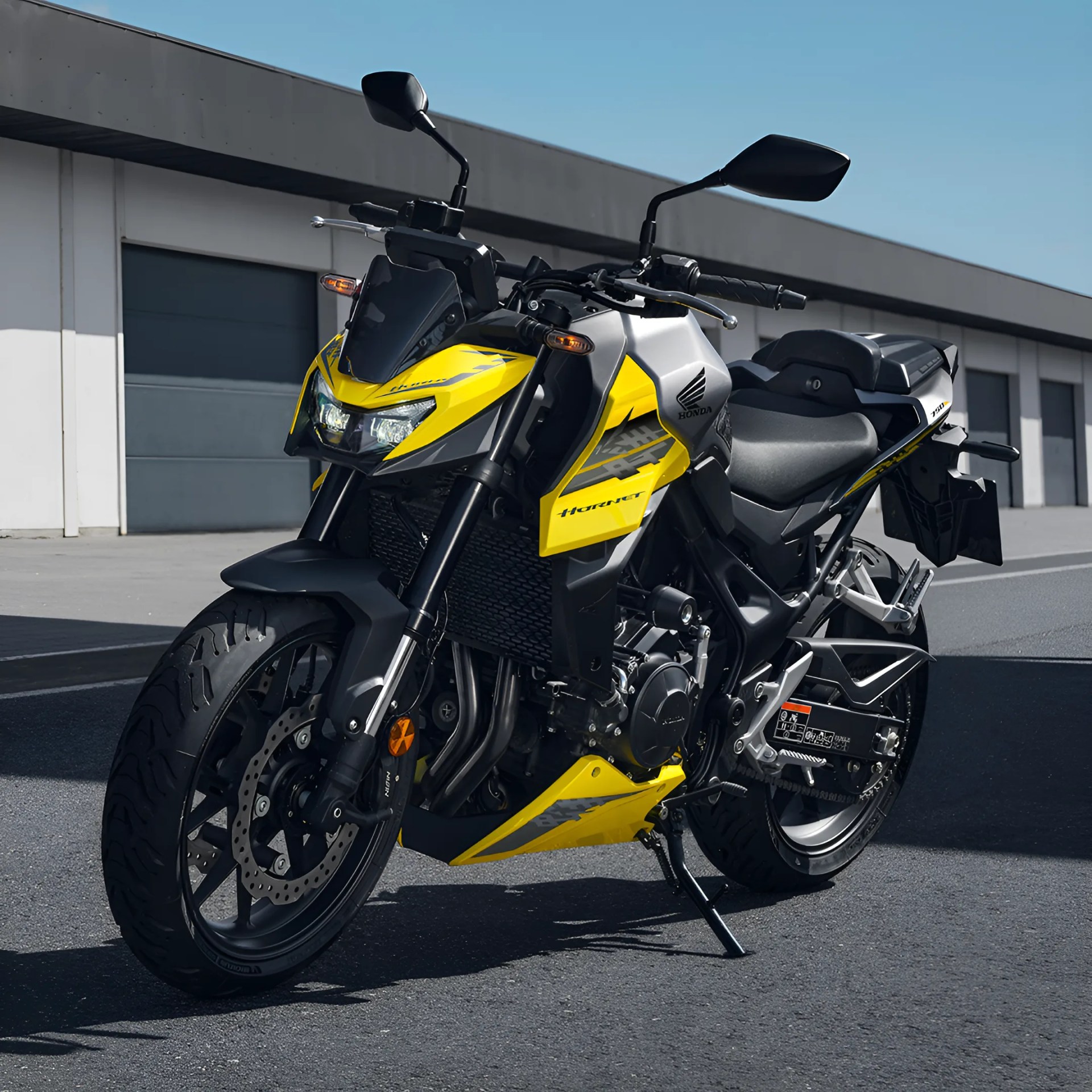 Yellow and black Honda Hornet motorcycle parked on asphalt in front of a building with garage doors.