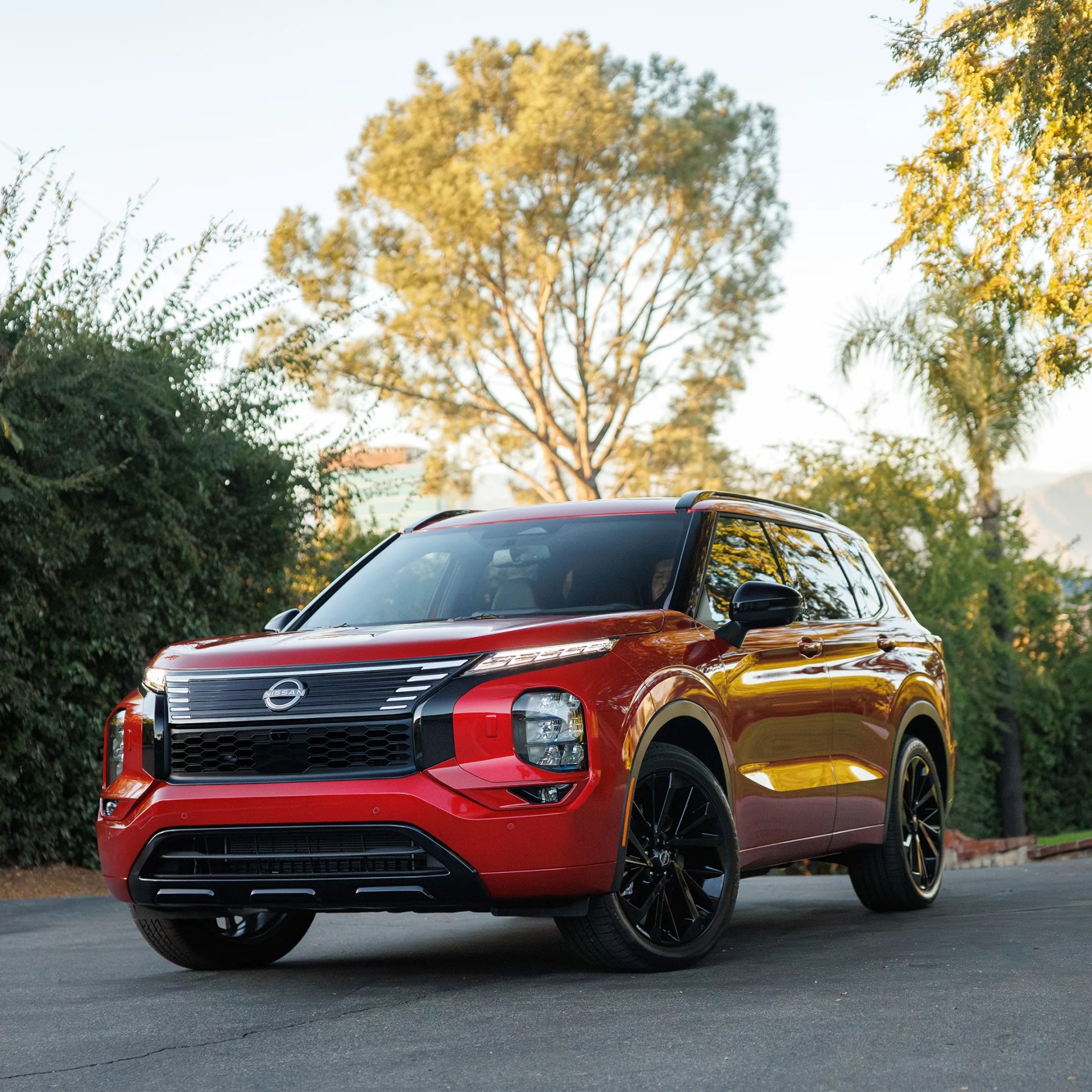 Red Nissan SUV with black grille and black wheels parked on a street with trees in the background.
