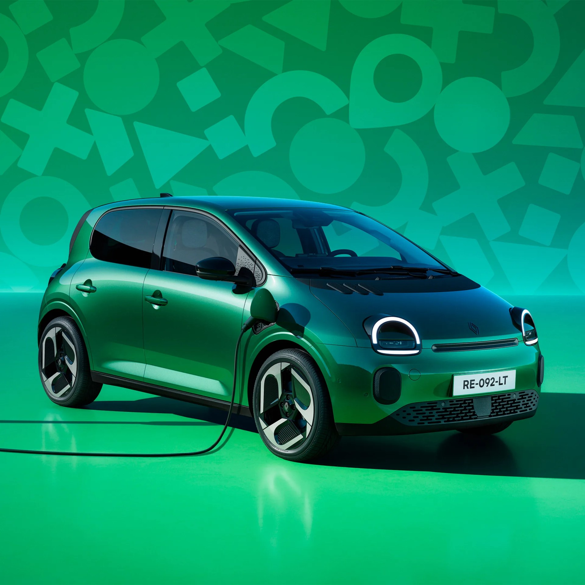 Green compact electric car plugged in for charging against a green background with geometric shapes.