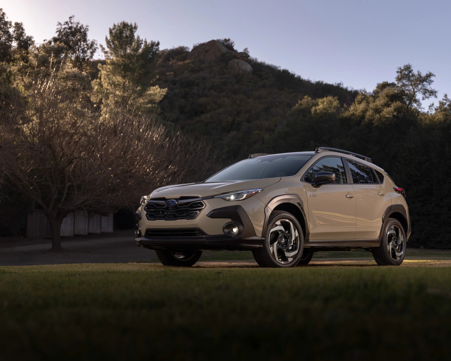 Beige Subaru SUV parked on grass with trees and hills in the background during sunset.