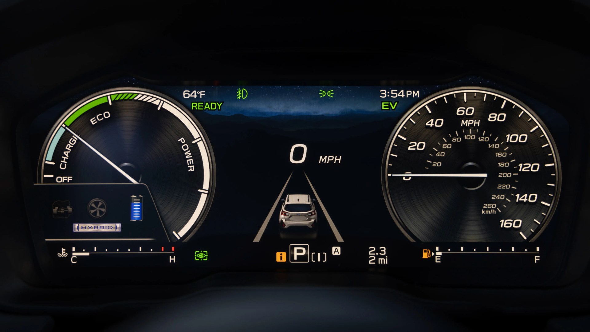 Digital hybrid car dashboard showing speedometer, power meter, fuel gauge, temperature, and vehicle status.