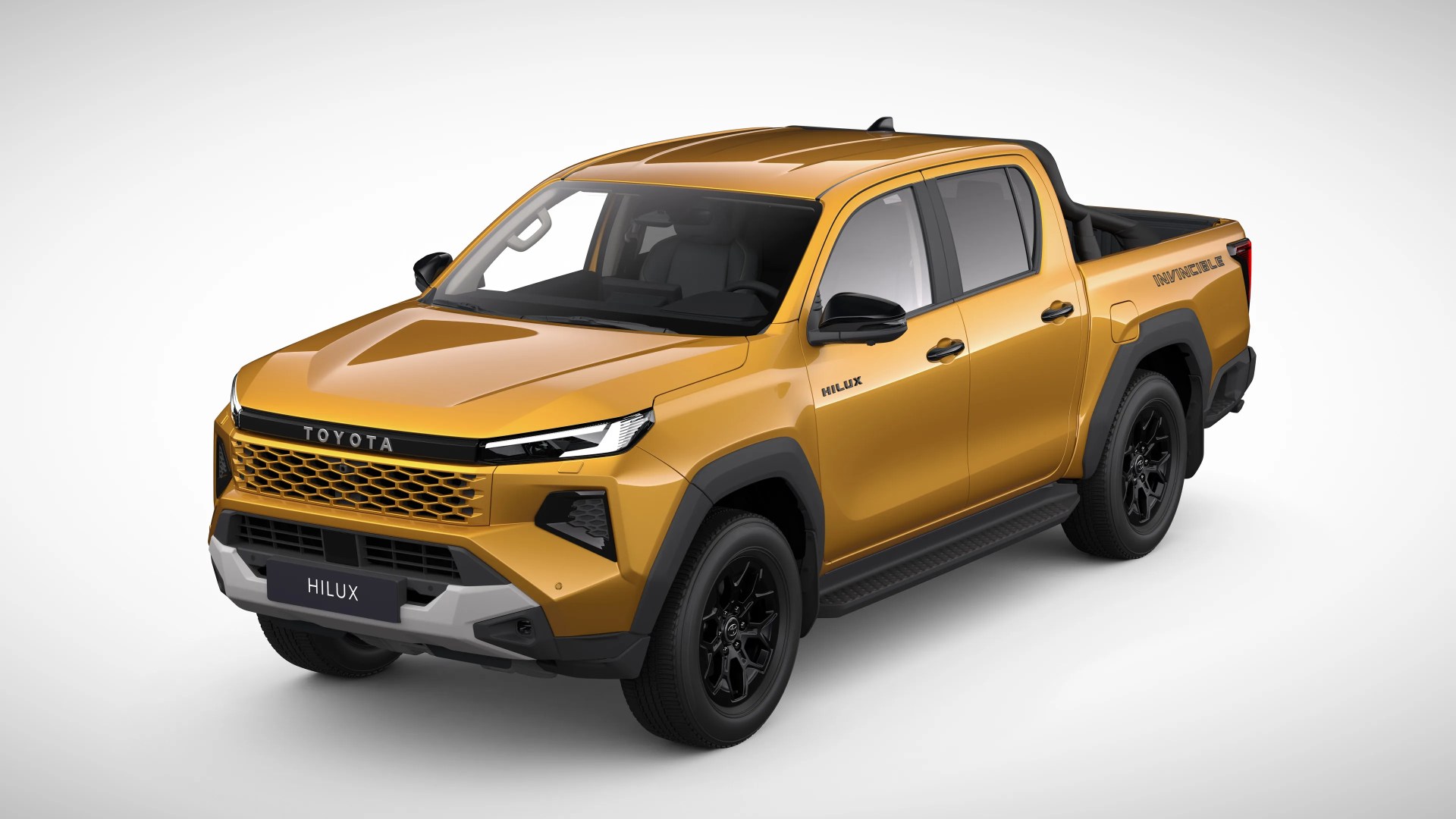 Golden yellow Toyota Hilux Invincible pickup truck with black accents and wheels on a white background.