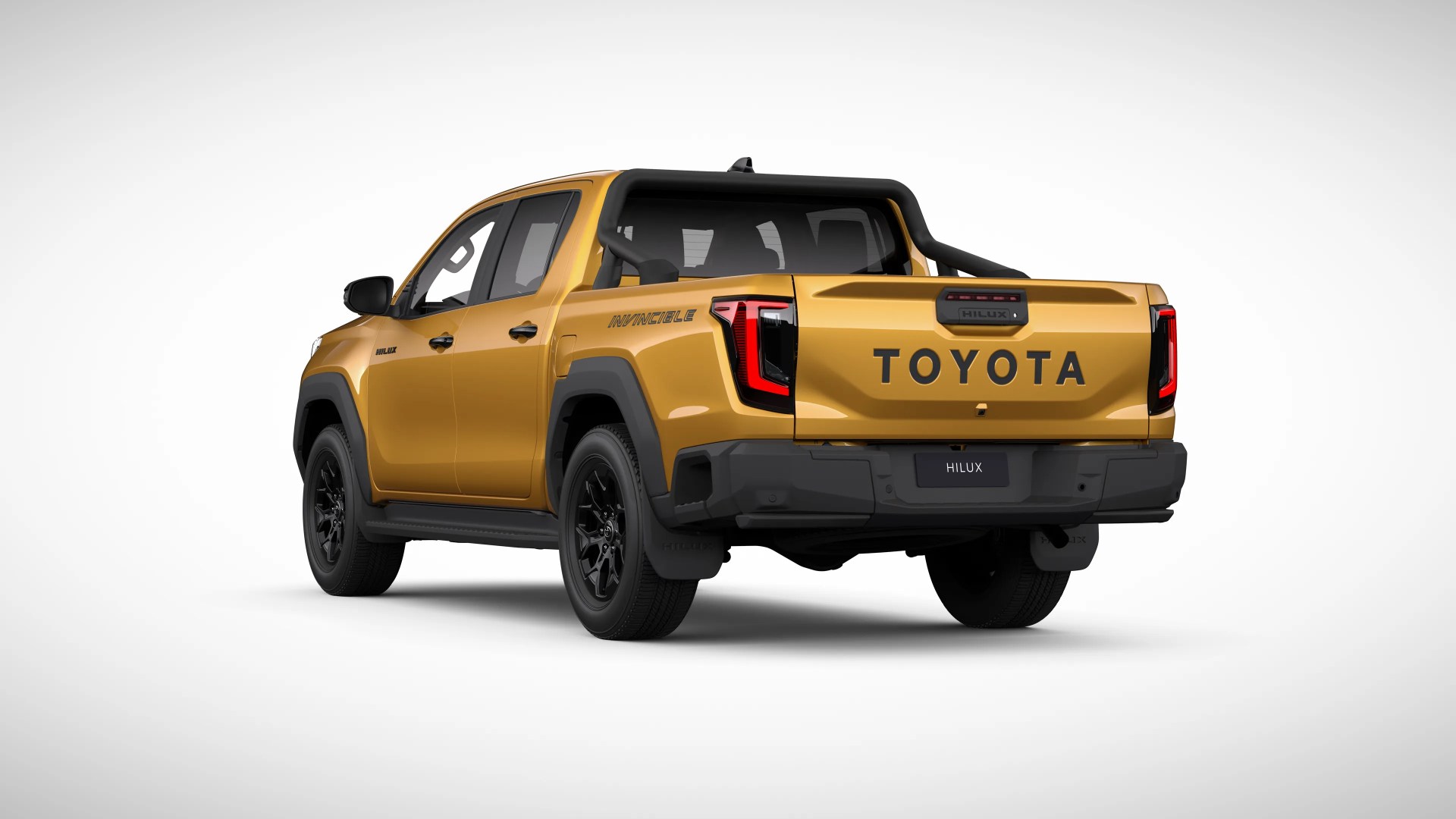 Gold Toyota Hilux pickup truck rear three-quarter view on a white background.