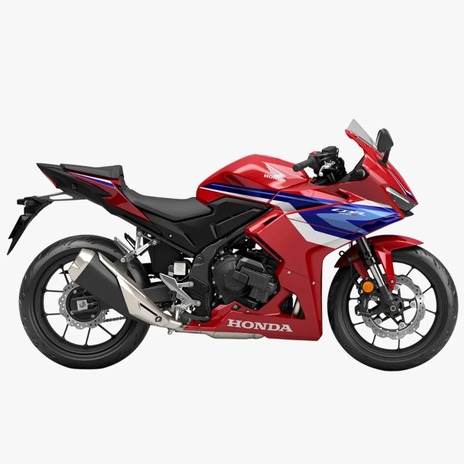 Red Honda CBR sport motorcycle with blue and white graphics and black seat.