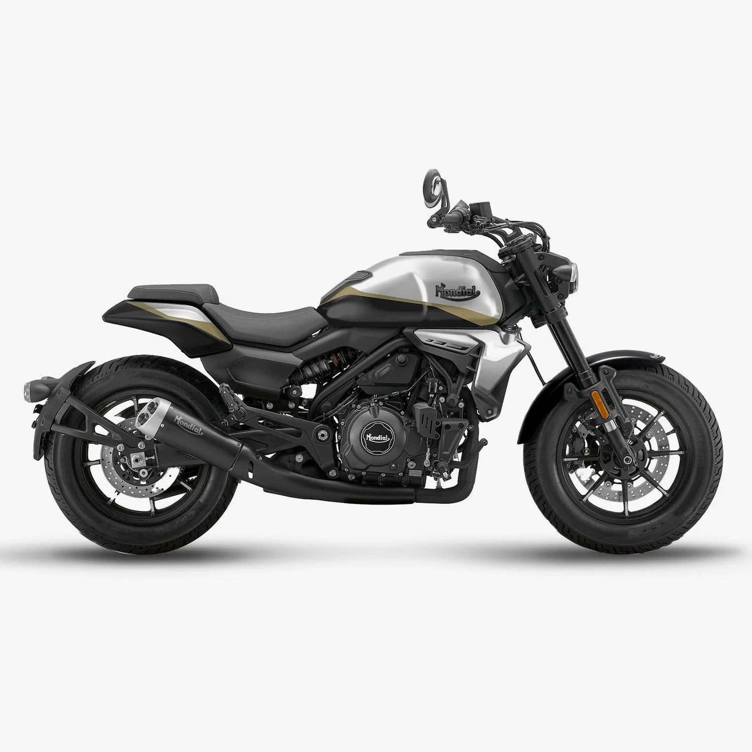 Silver and black Mondial motorcycle with gold accents and black exhaust on a white background.
