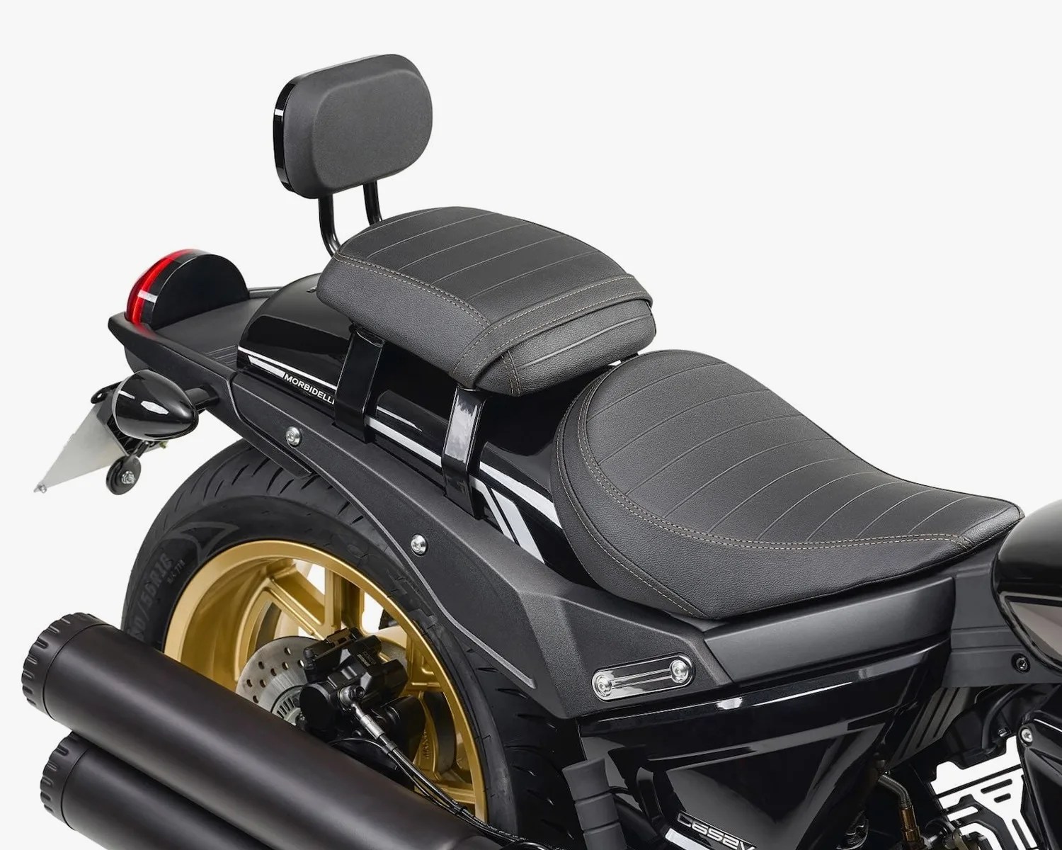 Black motorcycle rear seat with backrest, gold wheel, and dual black exhaust pipes.